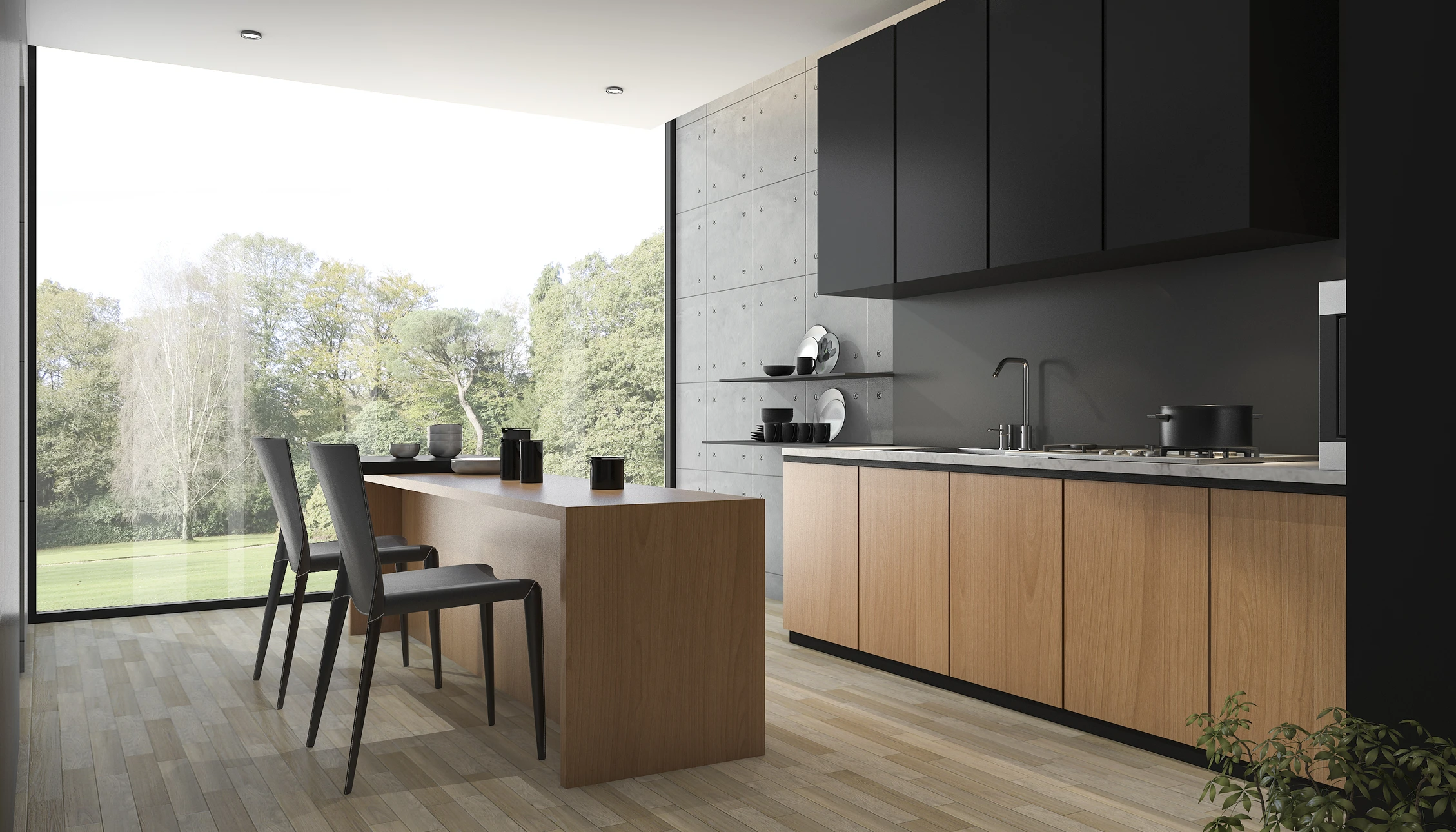Cuisine moderne minimaliste avec îlot central en bois et chaises noires, baie vitrée donnant sur jardin arboré