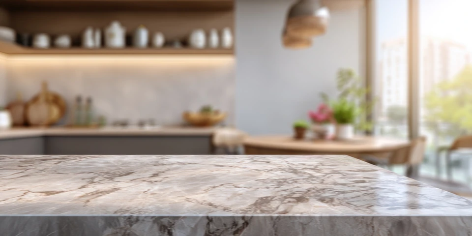 Artisan en salopette bleue travaillant sur plan de travail en granit gris marbré, utilisant marteau à panne fendue pour ajustement précis