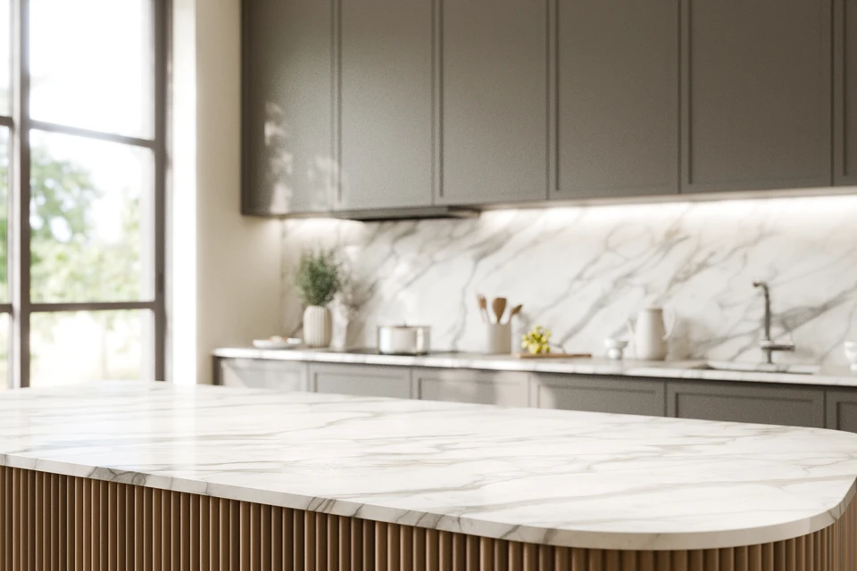 Artisan dans un atelier de marbrerie, en train de découper ou de mesurer un plan de travail en marbre blanc ou noir sur un établi professionnel. L'artisan porte des équipements de protection (gants, masque si approprié) et utilise des outils de marbrerie. L'environnement montre clairement un atelier de transformation de marbre avec des blocs ou des panneaux de marbre visibles. La scène illustre le contrôle total du processus de fabrication en interne.