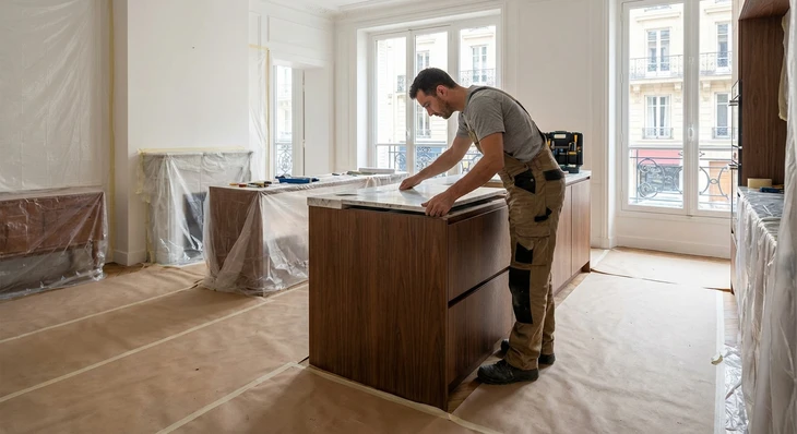 Artisan menuisier barbu souriant dans atelier, tenant cœur en bois sculpté, portant tablier toile et chemise carreaux